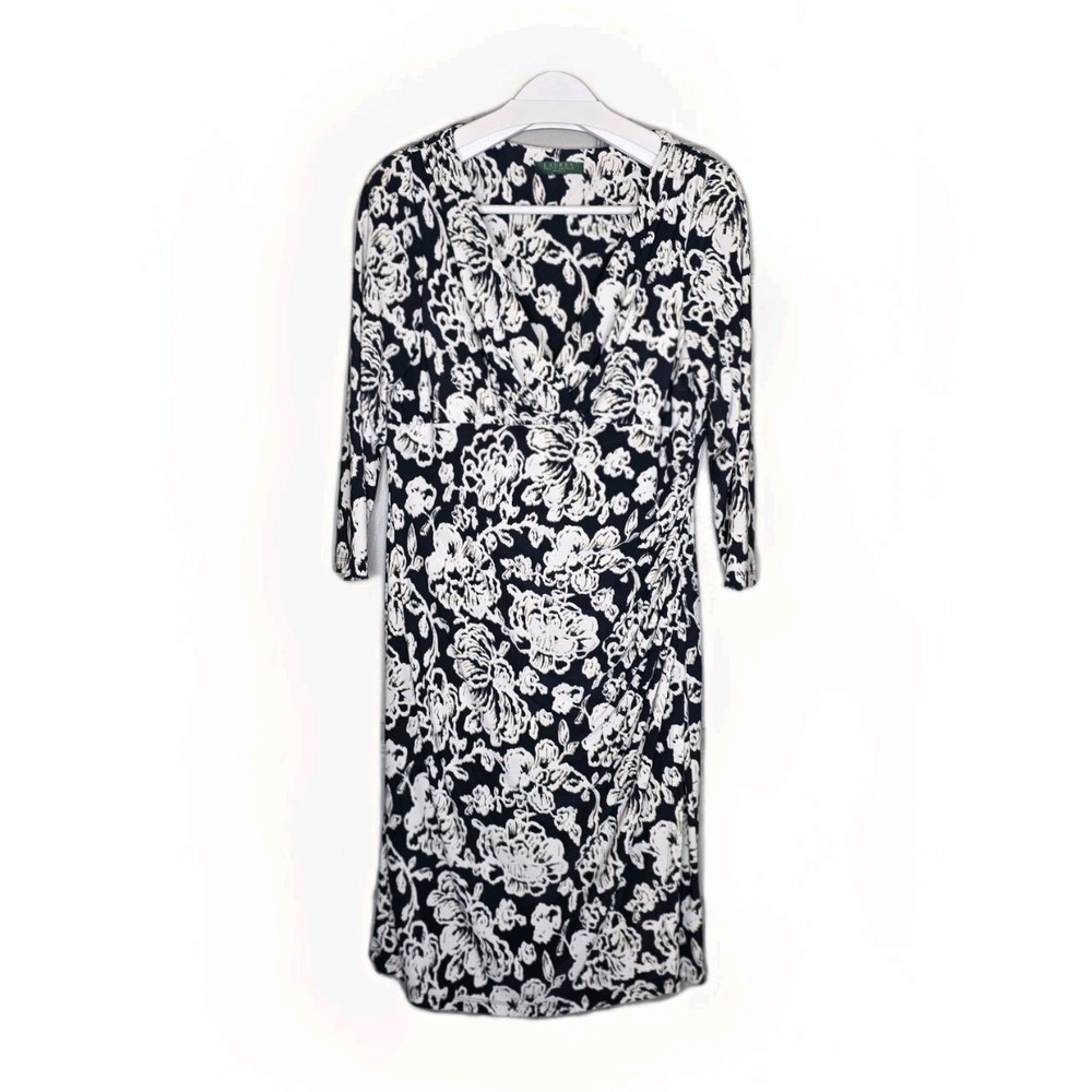 Lauren Ralph Lauren‎ Sheath Midi Dress SZ 12 Floral Print V-Neck Faux Wrap Dress